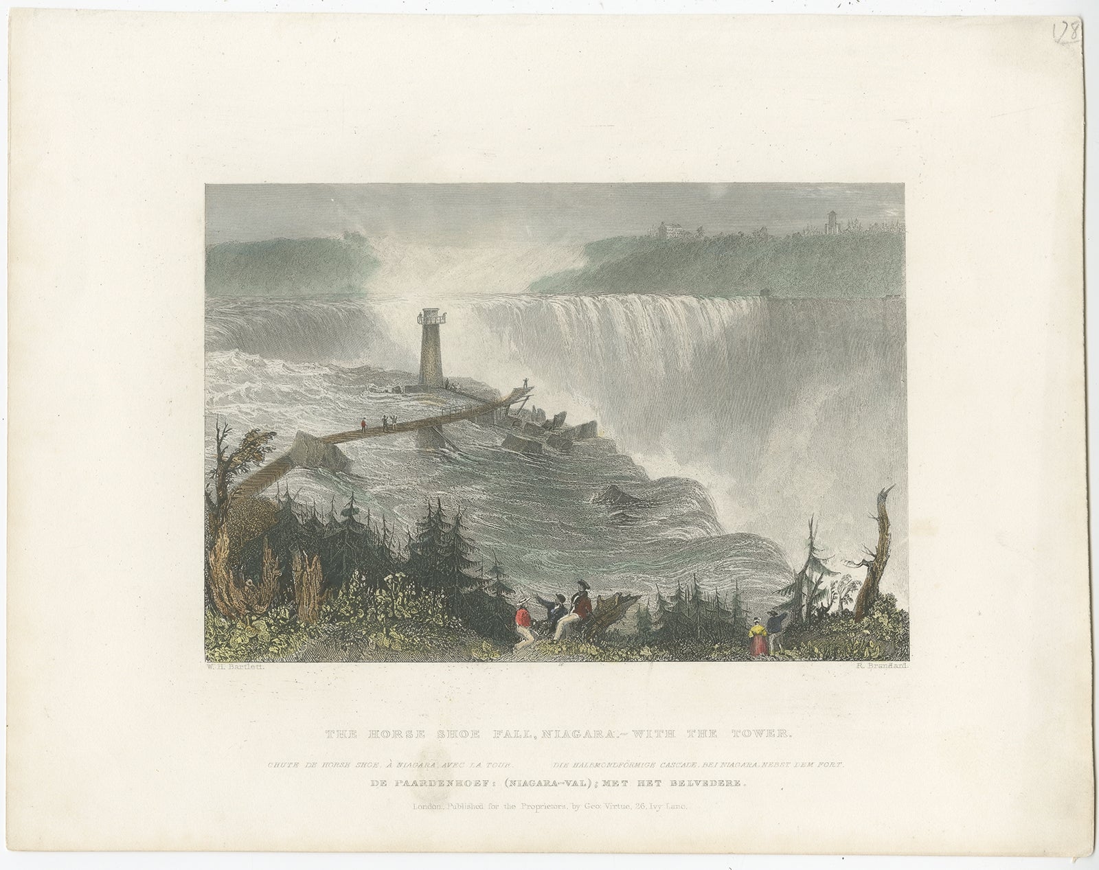 Description: Antique print titled 'The Horse shoe fall. Niagara - with the tower'. Steel engraving of the Horseshoe falls or Canadian falls.

Artists and Engravers: Engraved by R. Brandard after W.H. Bartlett. Published for the Proprietors by Geo.
