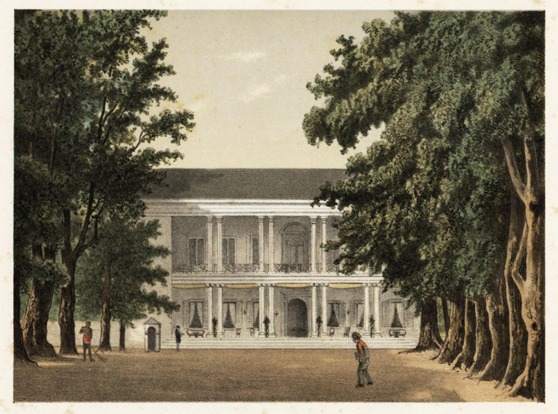 Grabado antiguo del Hotel Du Pavillon, Java, Indonesia, 1888 siglo XIX en venta