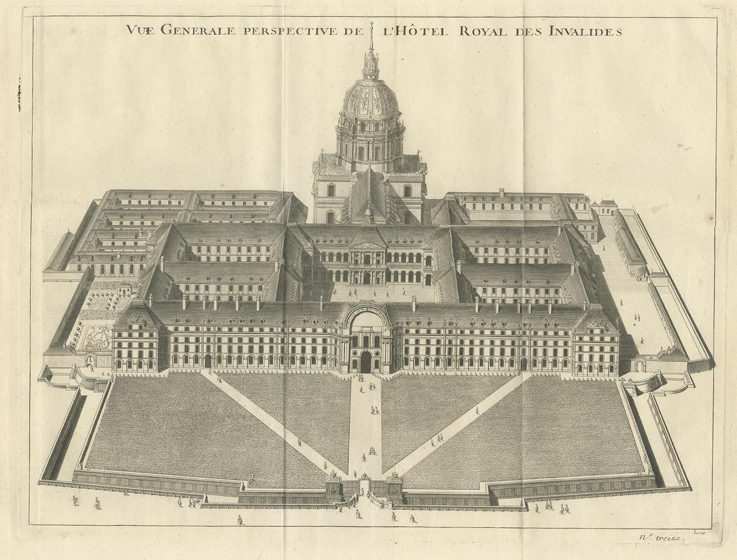 Antique print titled 'Vue Generale Perspective de l'Hôtel Royal des Invalides'. Bird's-eye view of Hôtel National des Invalides, Paris, France. Published, circa 1760.