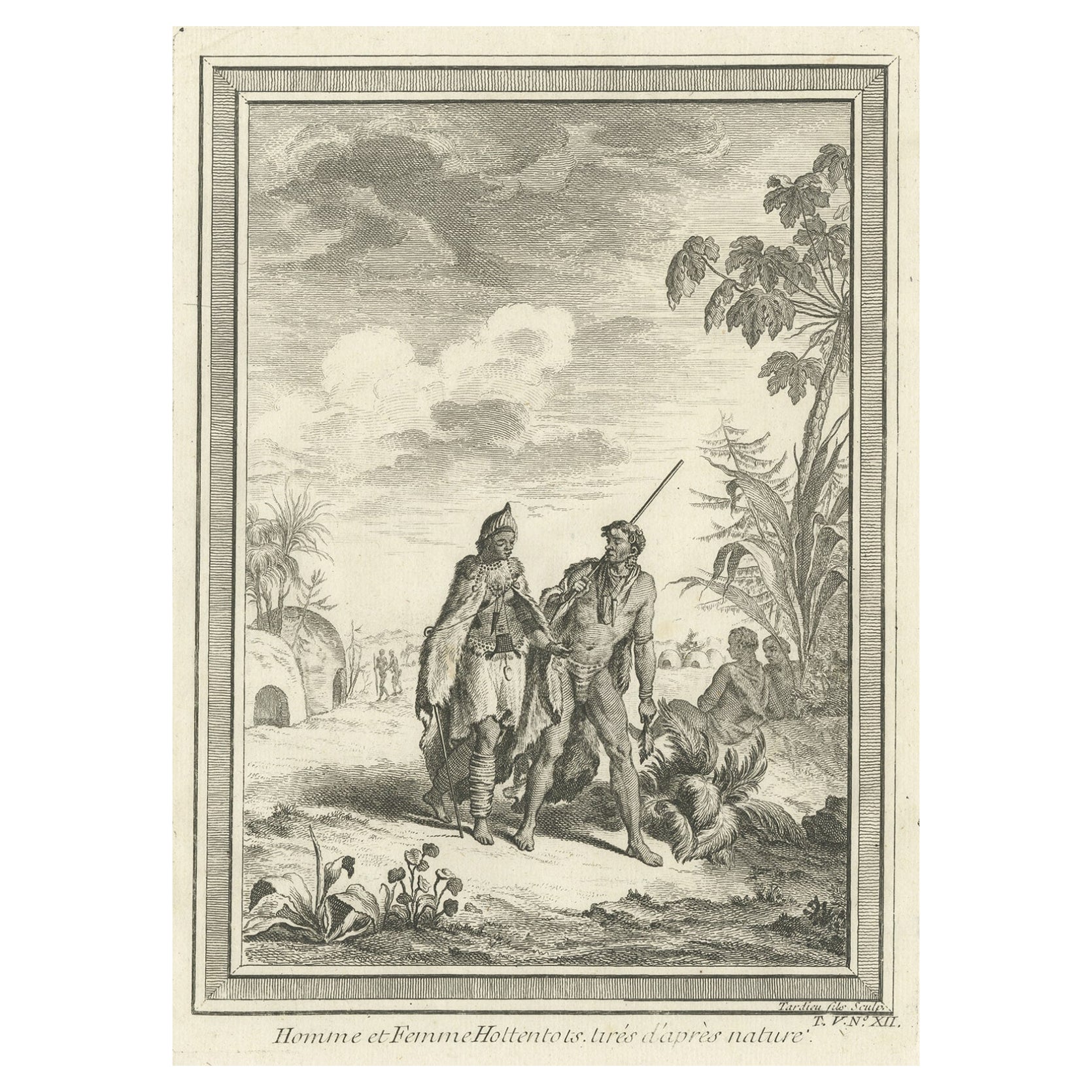 Antiker Druck von Hottentots in Südafrika, um 1750