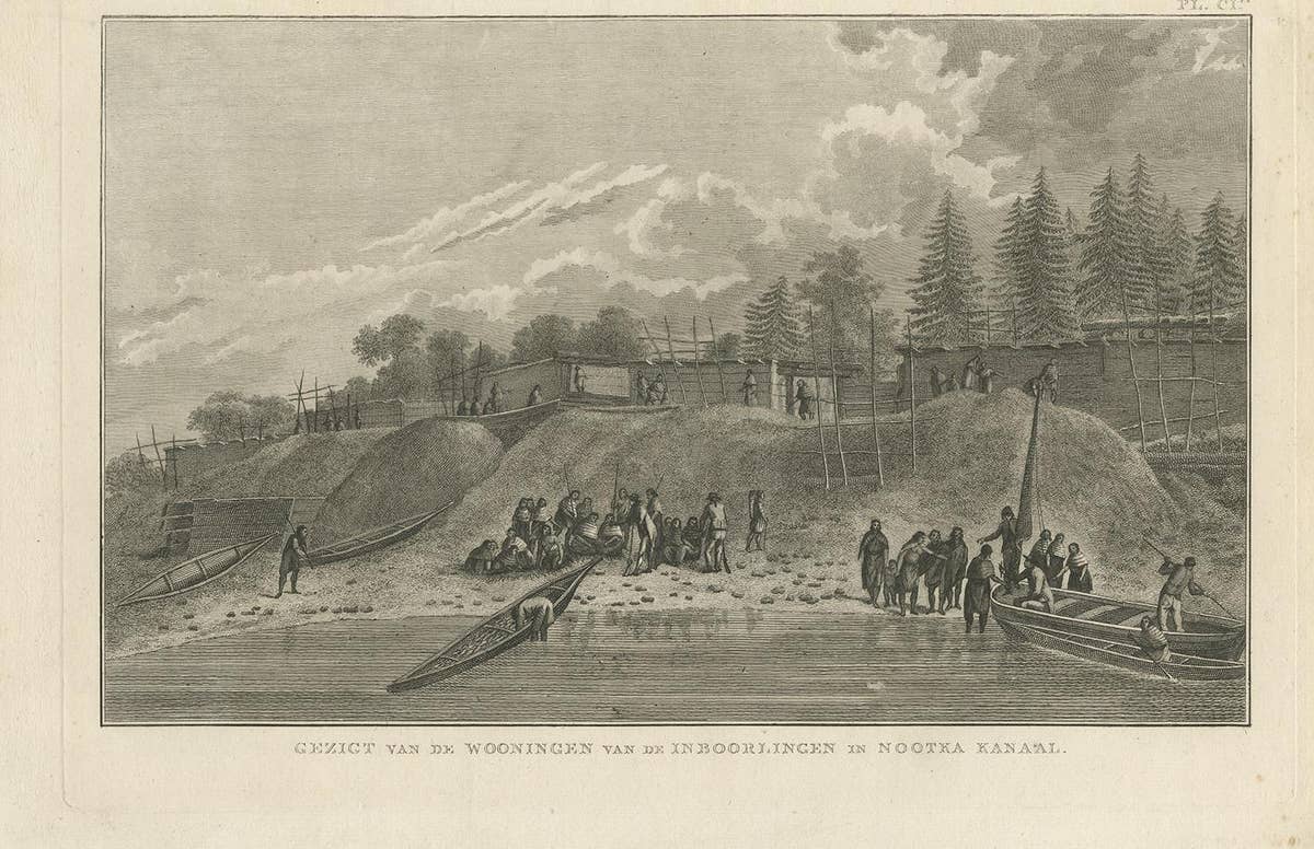 Antique Print of Houses in Nootka Channel by Cook, 1803