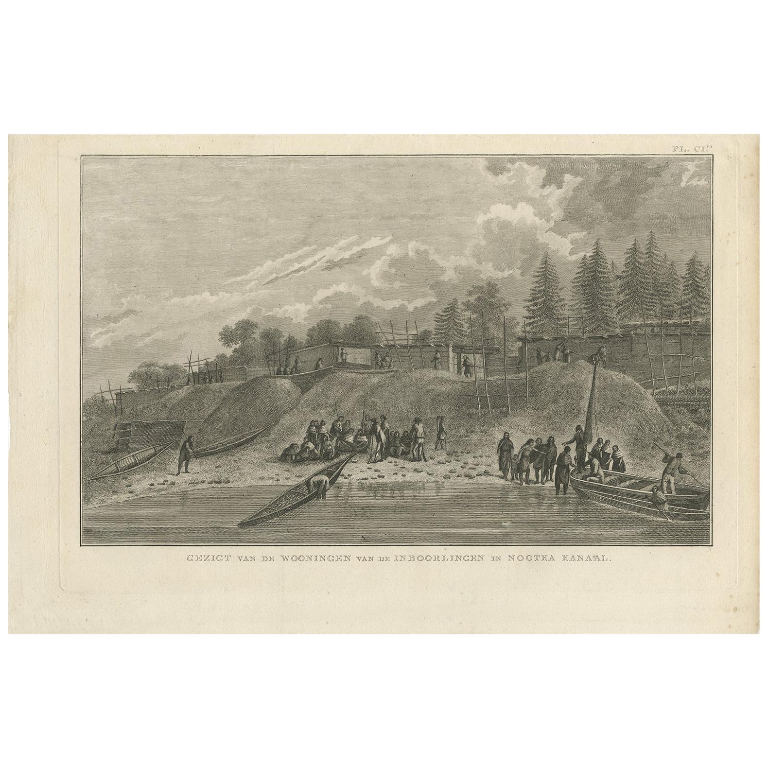 Impression ancienne de maisons dans le canal de Nootka par Cook, 1803