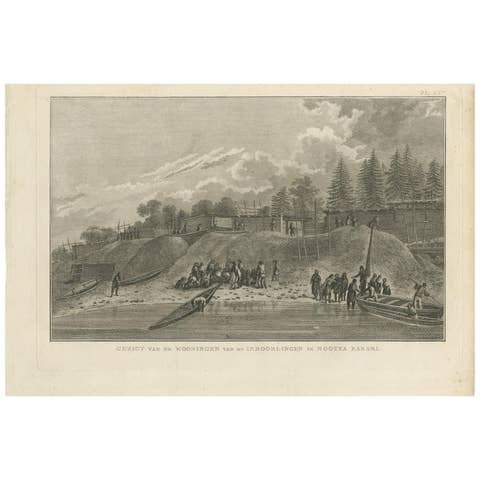 Antique Print of Houses in Nootka Channel by Cook, 1803