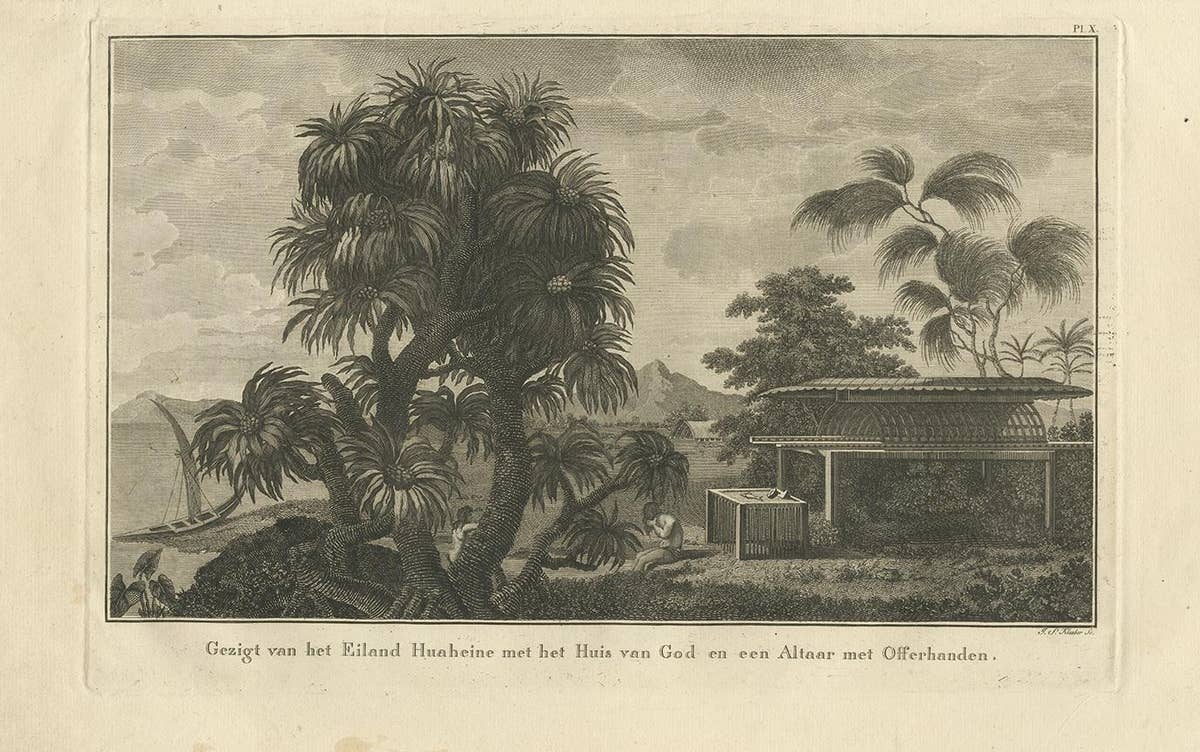 Antique Print of Huaheine by Cook, 1803