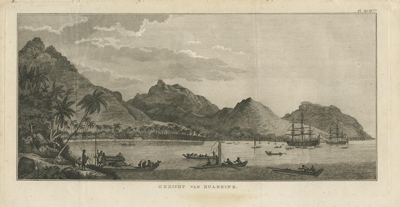 Antique print titled 'Gezigt van Huaheine'. This print depicts Huaheine, one of the Society Islands. Originates from 'Reizen rondom de Waereld' by J. Cook. Translated by J.D. Pasteur. Published by Honkoop, Allart en Van Cleef.