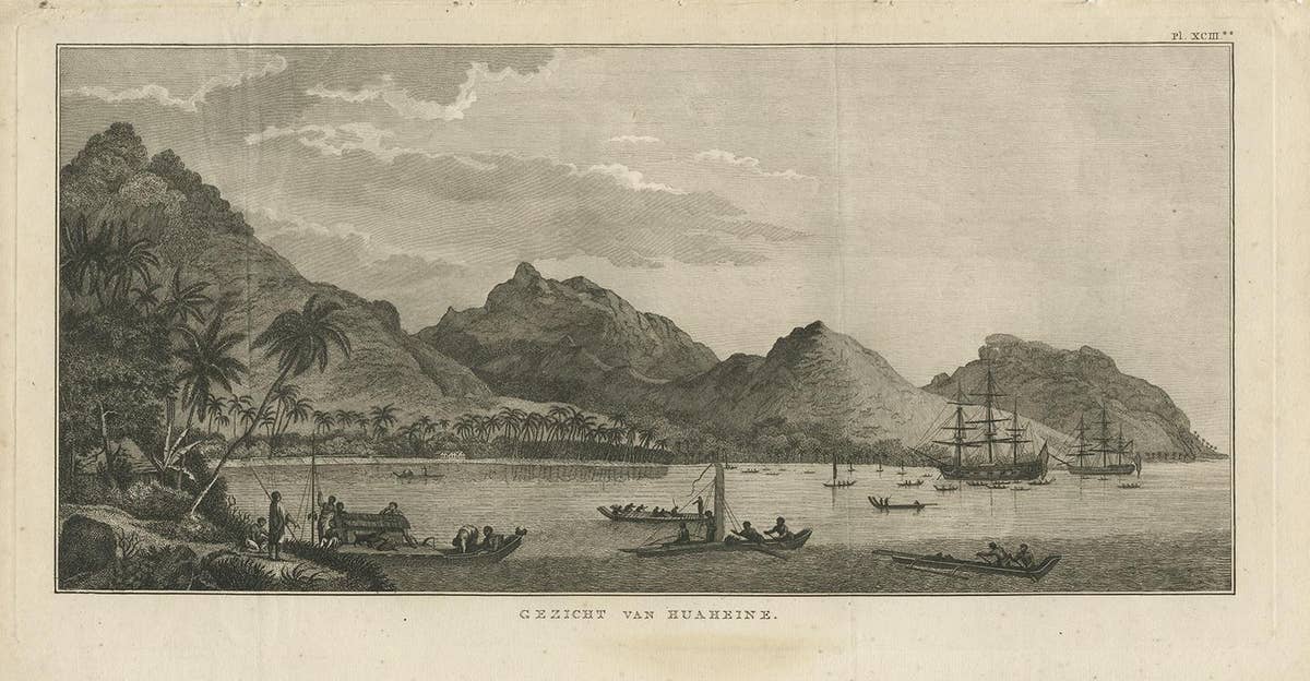 Antique Print of Huaheine II by Cook, 1803
