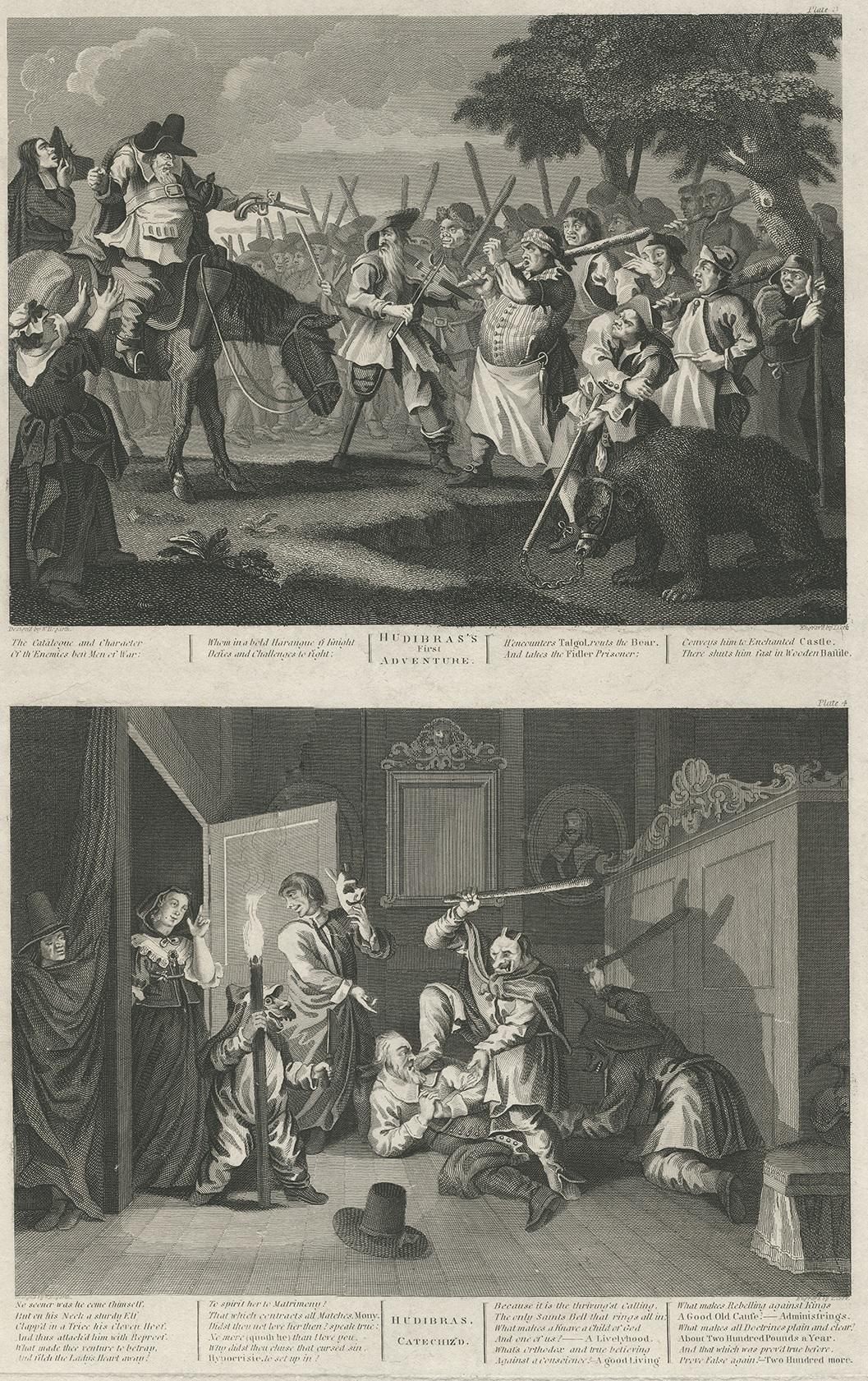 Large print with two image on one sheet. The upper image is titled 'Hudibras's first adventure'. Hudibras and Ralpho encounter a mob armed with sticks; in the foreground to right, a one-legged fiddler, a butcher and a dancing bear with his leader.