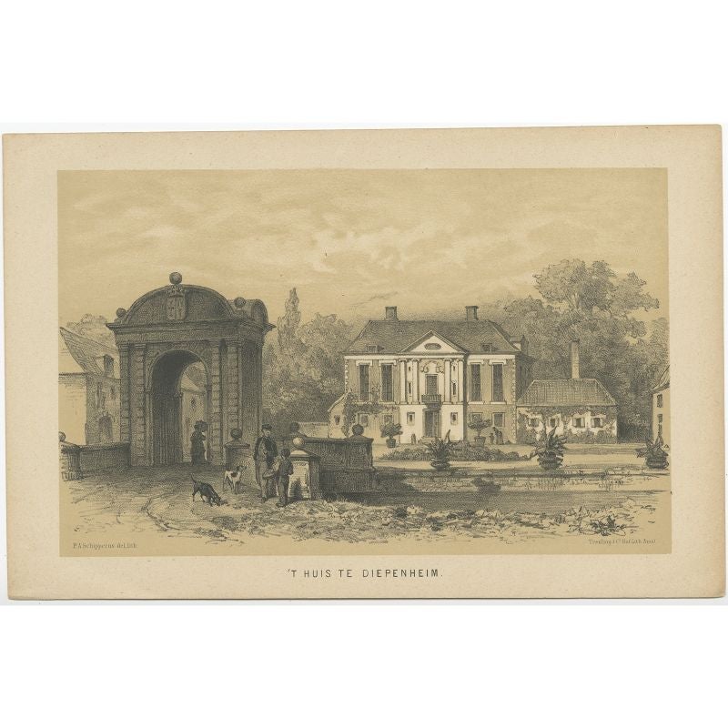 Antique print titled 't Huis te Diepenheim'. This print depicts 'Huis Diepenheim' in Overijssel, The Netherlands. This plate originates from: 'Wandelingen door Nederland met pen en potlood...', by Jacobus Craandijk, published 1875-1888. This work is