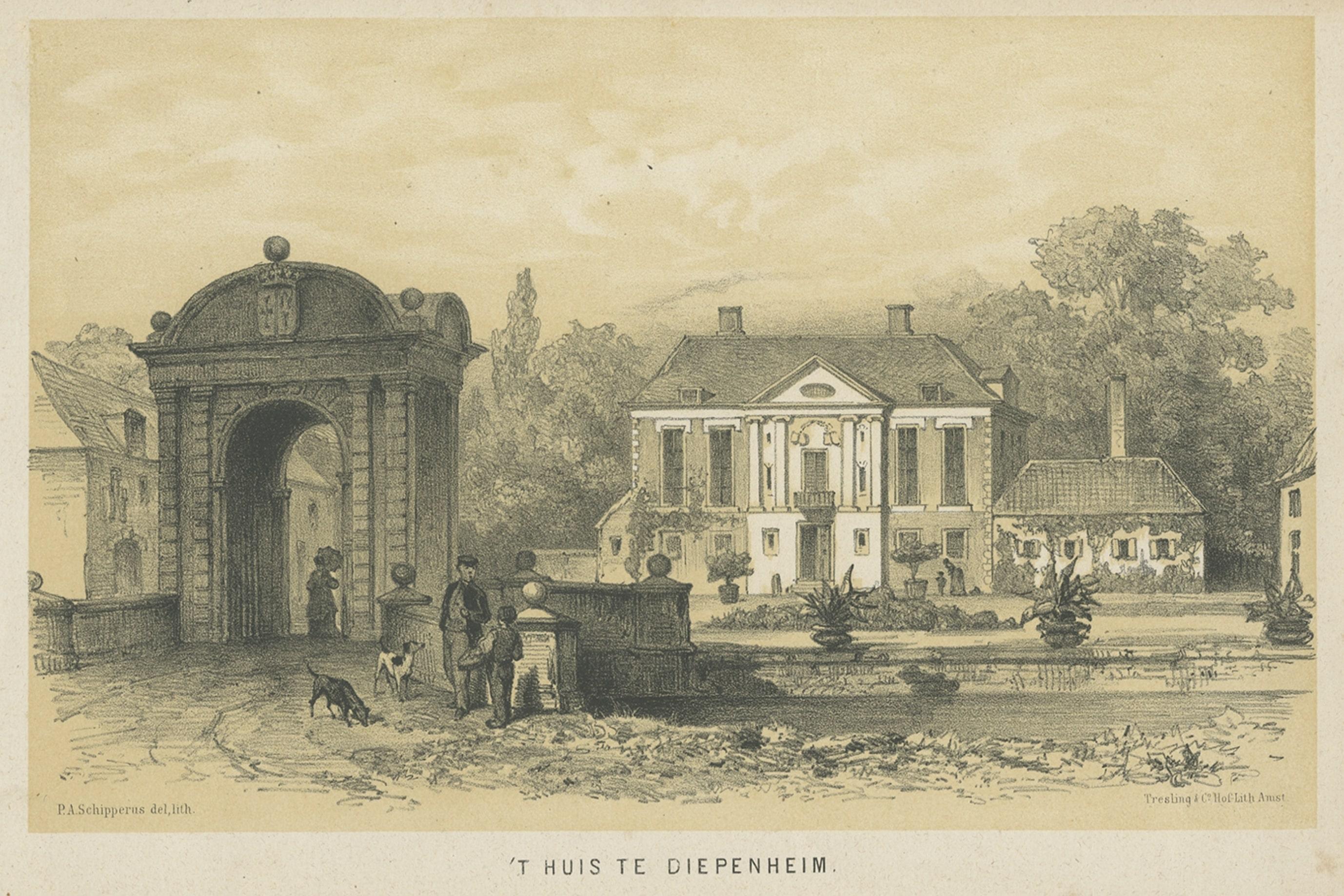 Paper Antique Print of Huis Diepenheim Castle Near Deventer in Holland, 1875 For Sale