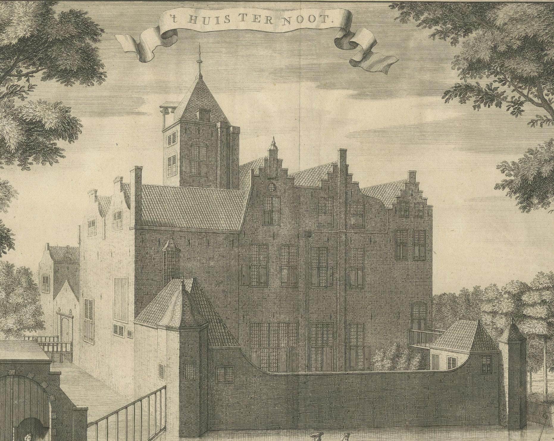 Antique print titled 't Huis Ter Noot'. View on the Huis ter Noot in The Hague (Huis ter Noot in Bezuidenhout, Den Haag). In the foreground, men and women walking and conversing. The House was built in 1595 for Karel ter Noot, a captain in the