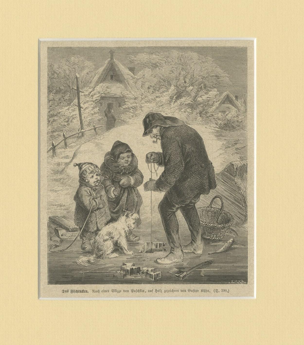 Paper Antique Print of Ice Fishing, C.1900 For Sale