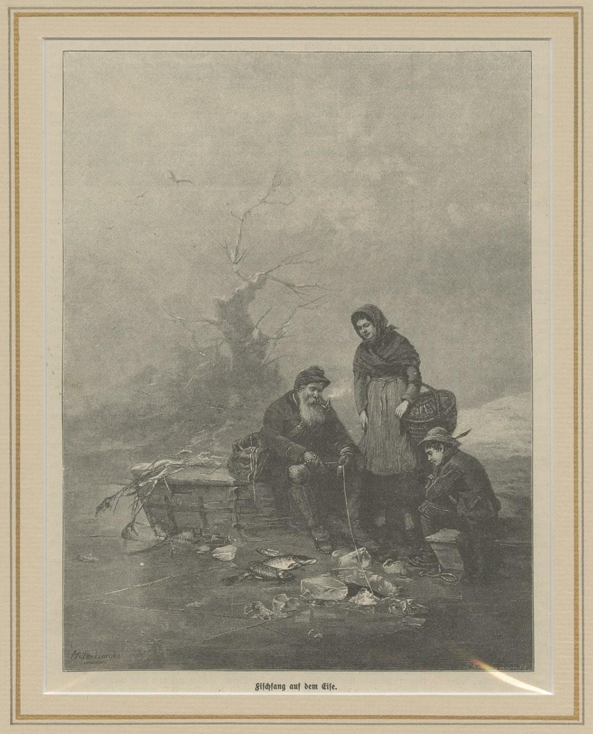 Paper Antique Print of Ice Fishing, circa 1900