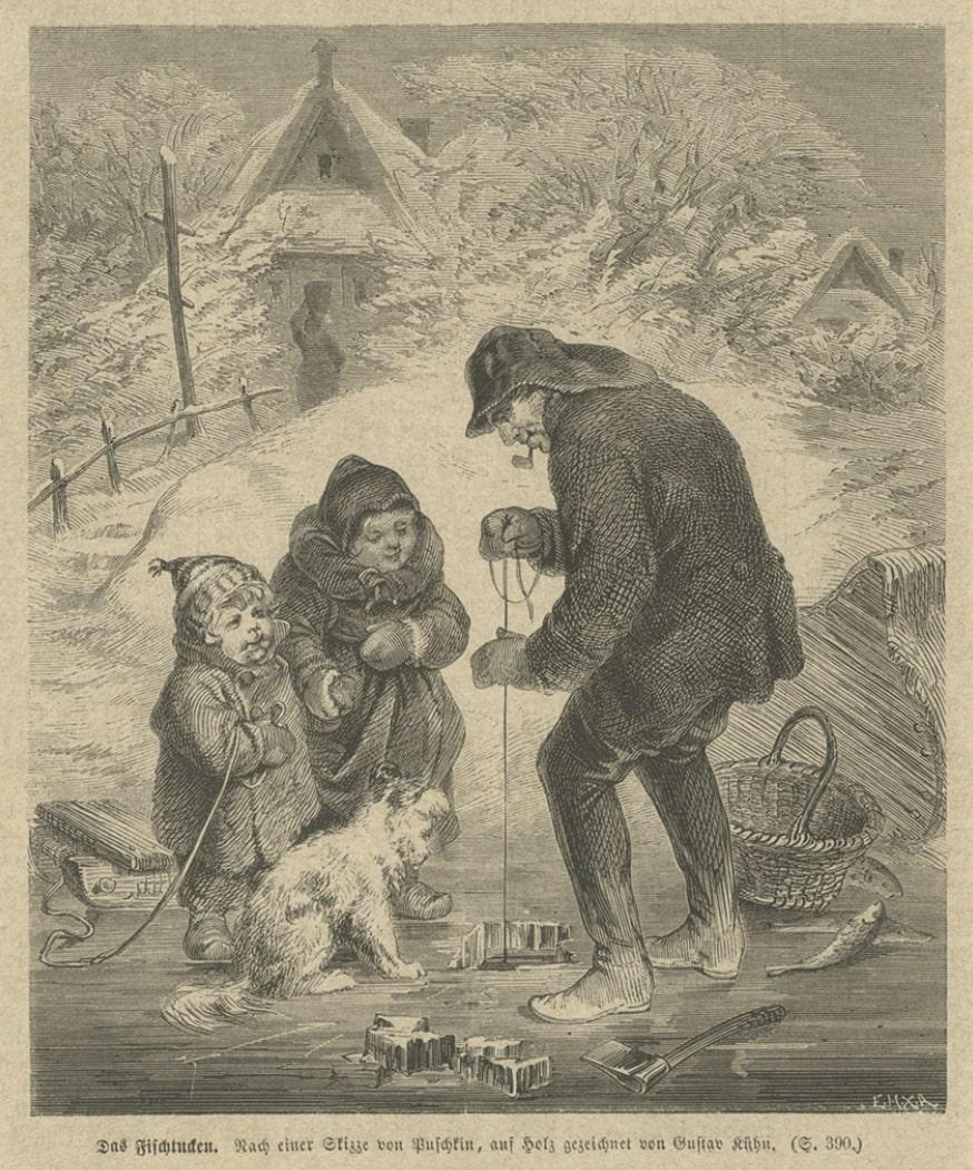Antique Print of Ice Fishing, C.1900 For Sale