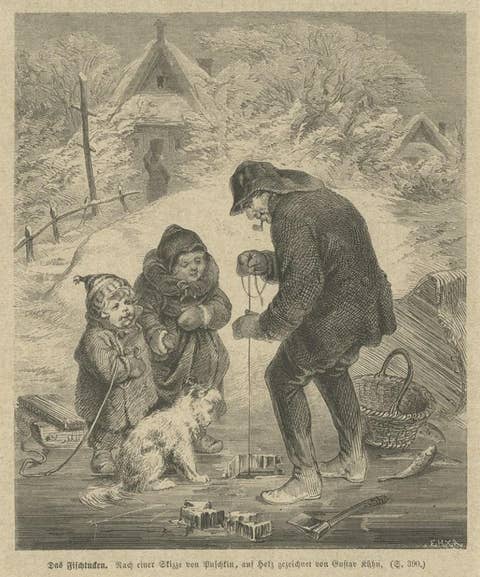 Antique Print of Ice Fishing, C.1900