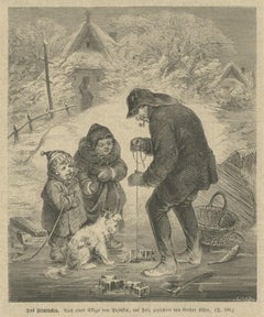 Antique Print of Ice Fishing, C.1900