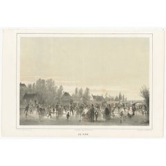 Antique Print of Ice Skating Near Leiden in Holland, 1859