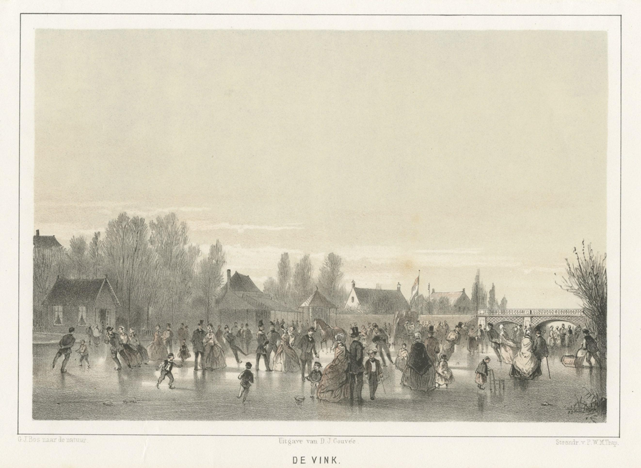 Paper Antique Print of Ice Skating Near Leiden in Holland, 1859 For Sale