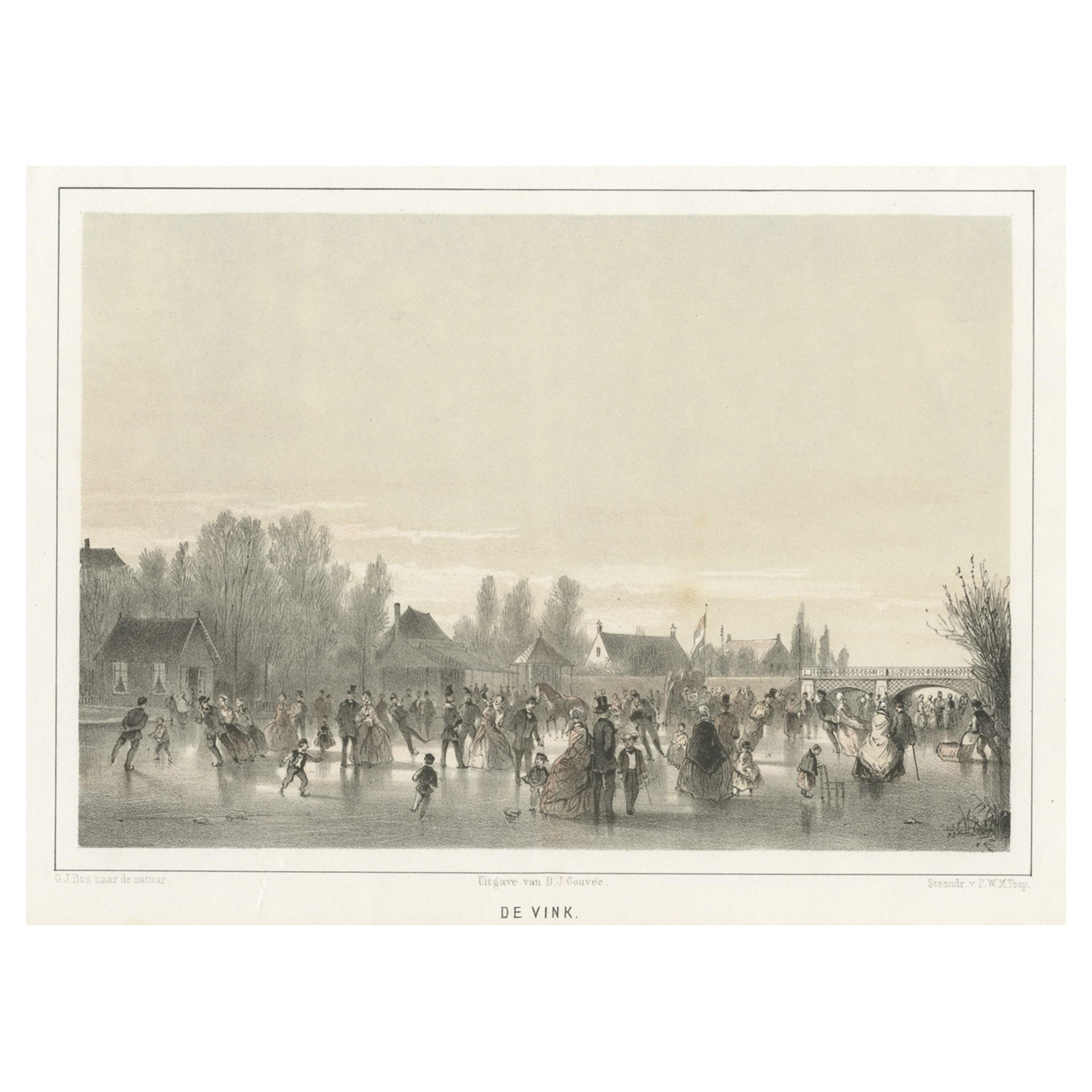 Antiker Druck eines Ice Skating-Skifahrens in der Nähe von Leiden in Holland, 1859