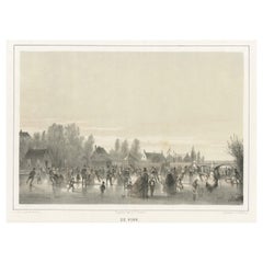Antiker Druck eines Ice Skating-Skifahrens in der Nähe von Leiden in Holland, 1859