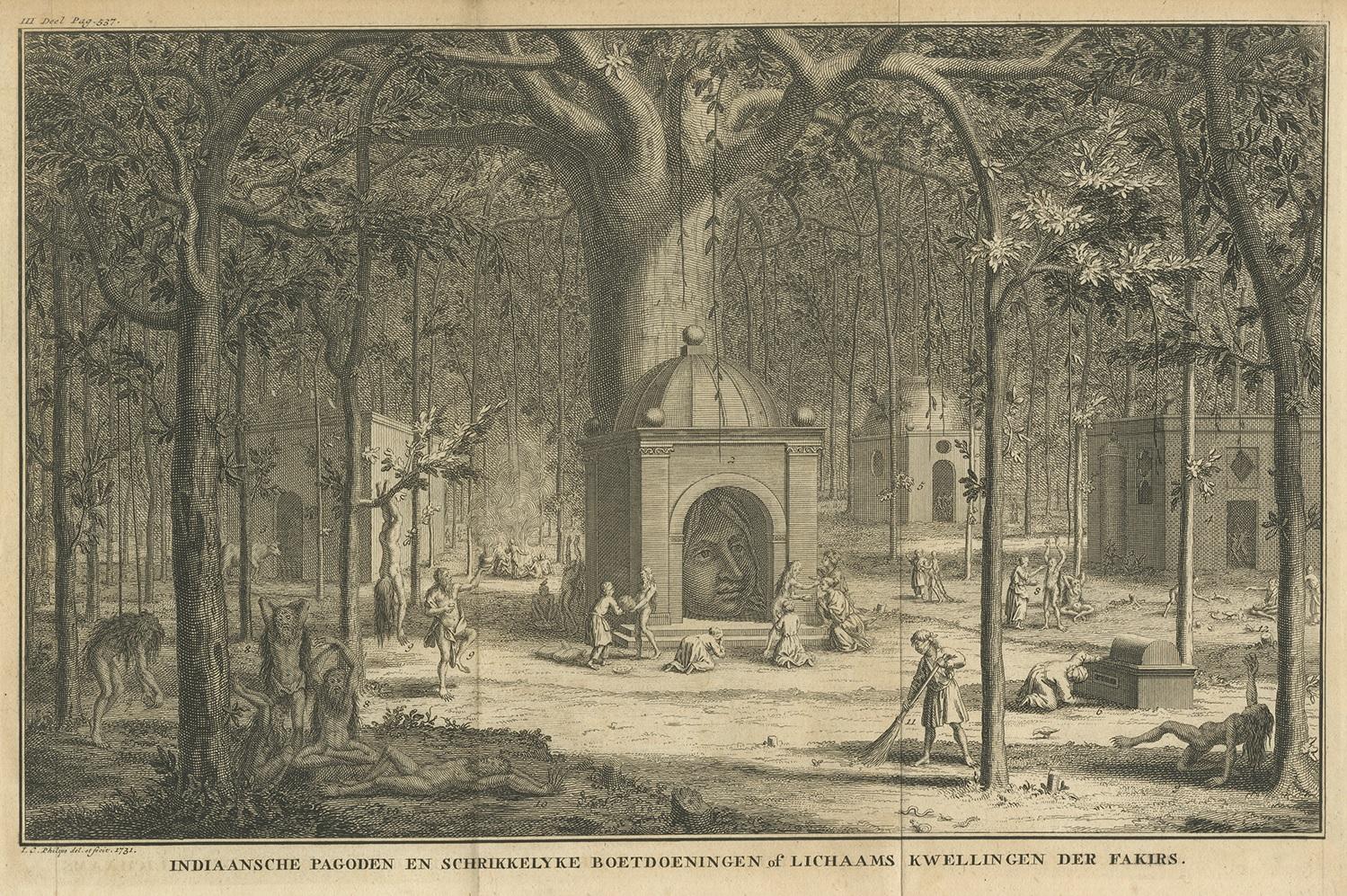 Antique print titled 'Indiaansche Pagoden en schrikkelyke boetdoeningen of lichaams kwellingen der Fakirs.' Depicts Indian Pagodas en terrible penitences or bodily torments of the Fakirs. This plate also shows a Banyan or Indian fig tree. This print