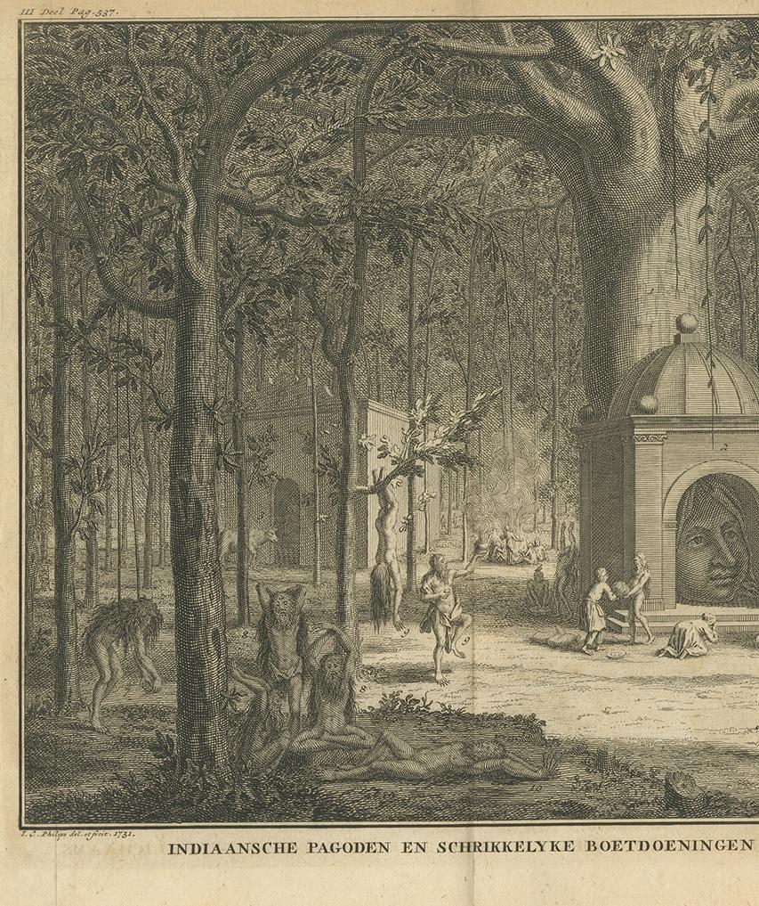 Néerlandais Impression ancienne de Pagodas indiennes par Tirion, 1731 en vente