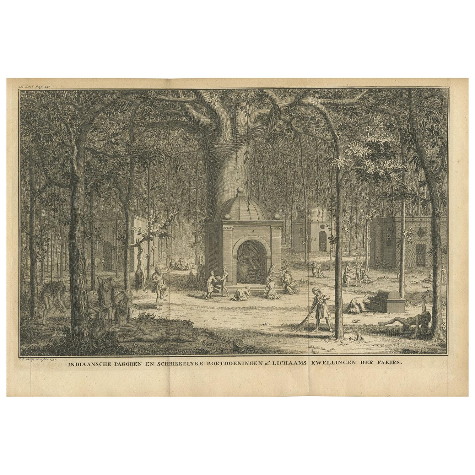 Impression ancienne de Pagodas indiennes par Tirion, 1731