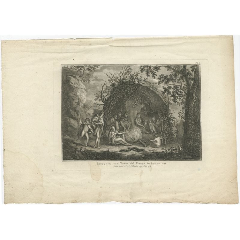 Grabado antiguo de Indios de Tierra del Fuego por Cook, 1803