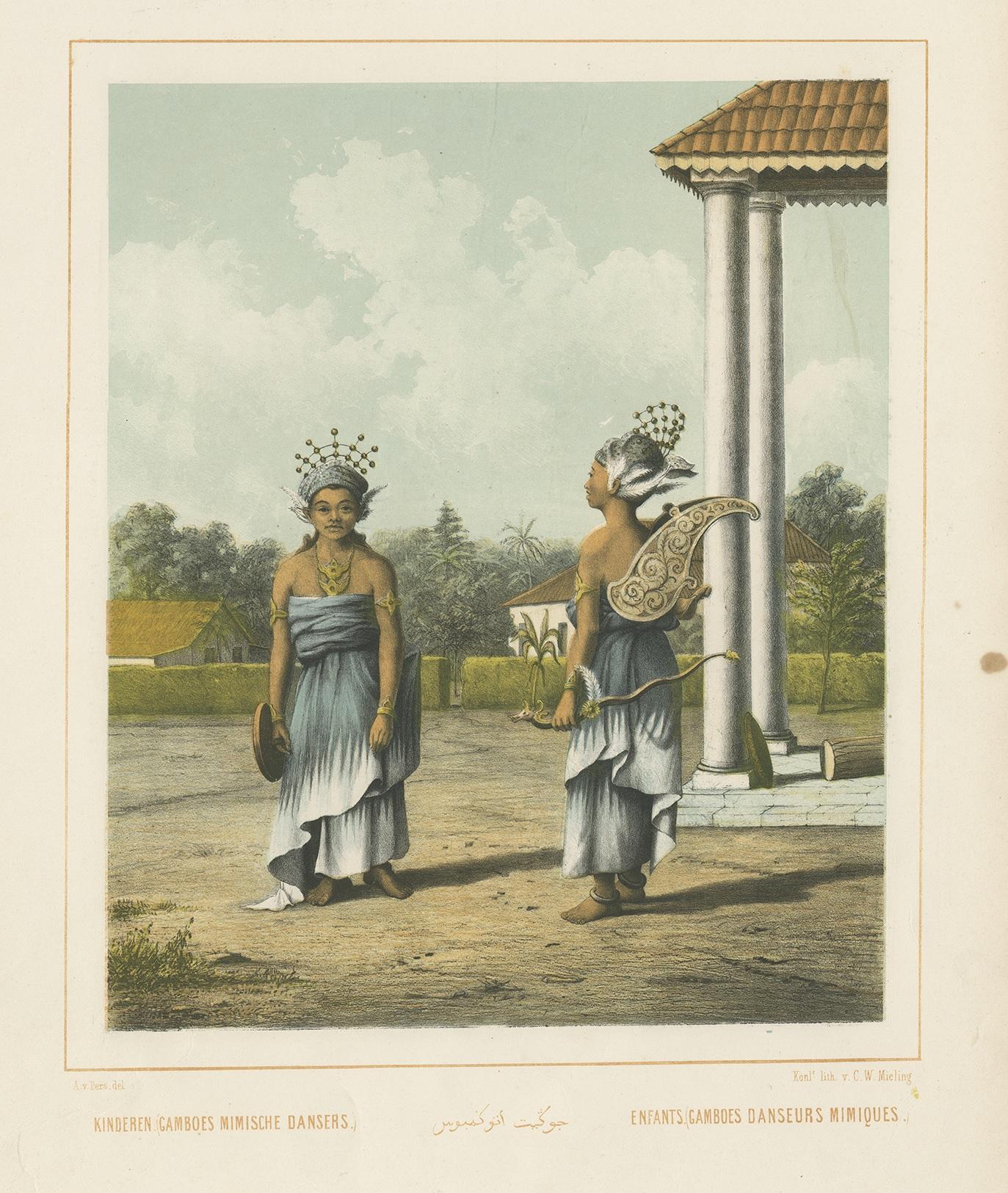Antique print titled 'Kinderen (Gamboes) Mimische Dansers - Enfants (Gamboes) Danseurs Mimiques'. Colored lithograph of two Indonesian children dressed up as dancers. This print originates from 'Nederlandsch Oost-Indische typen' after work by