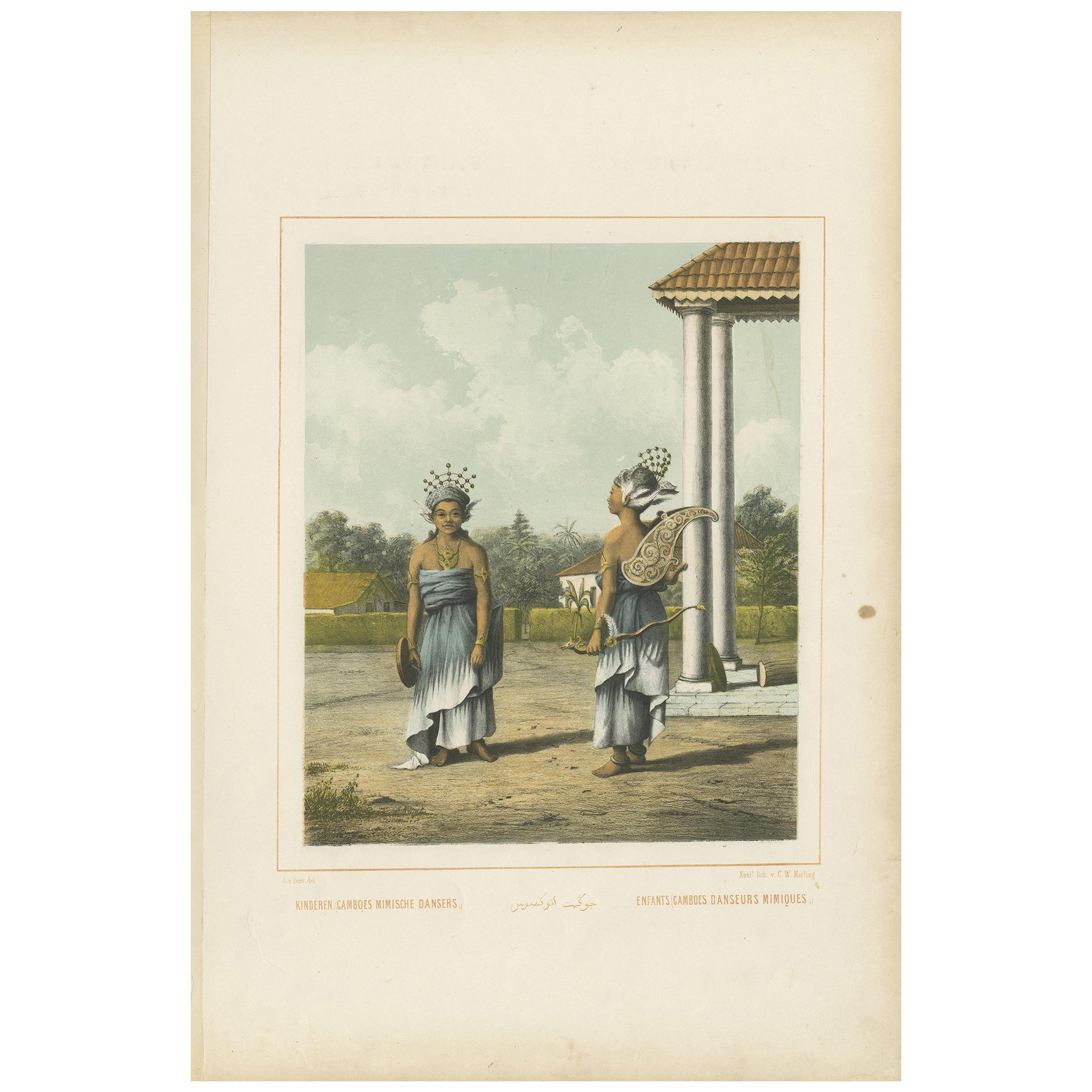 Antique Print of Indonesian Children dressed up as Dancers, Van Pers circa 1850