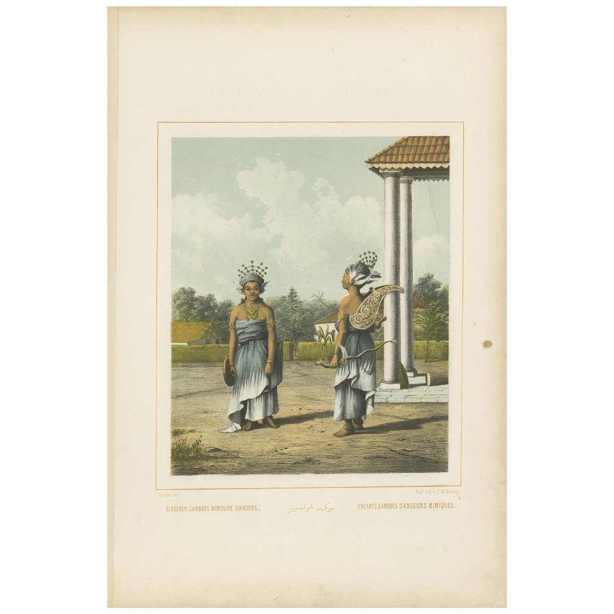 Antique Print of Indonesian Children dressed up as Dancers, Van Pers circa 1850