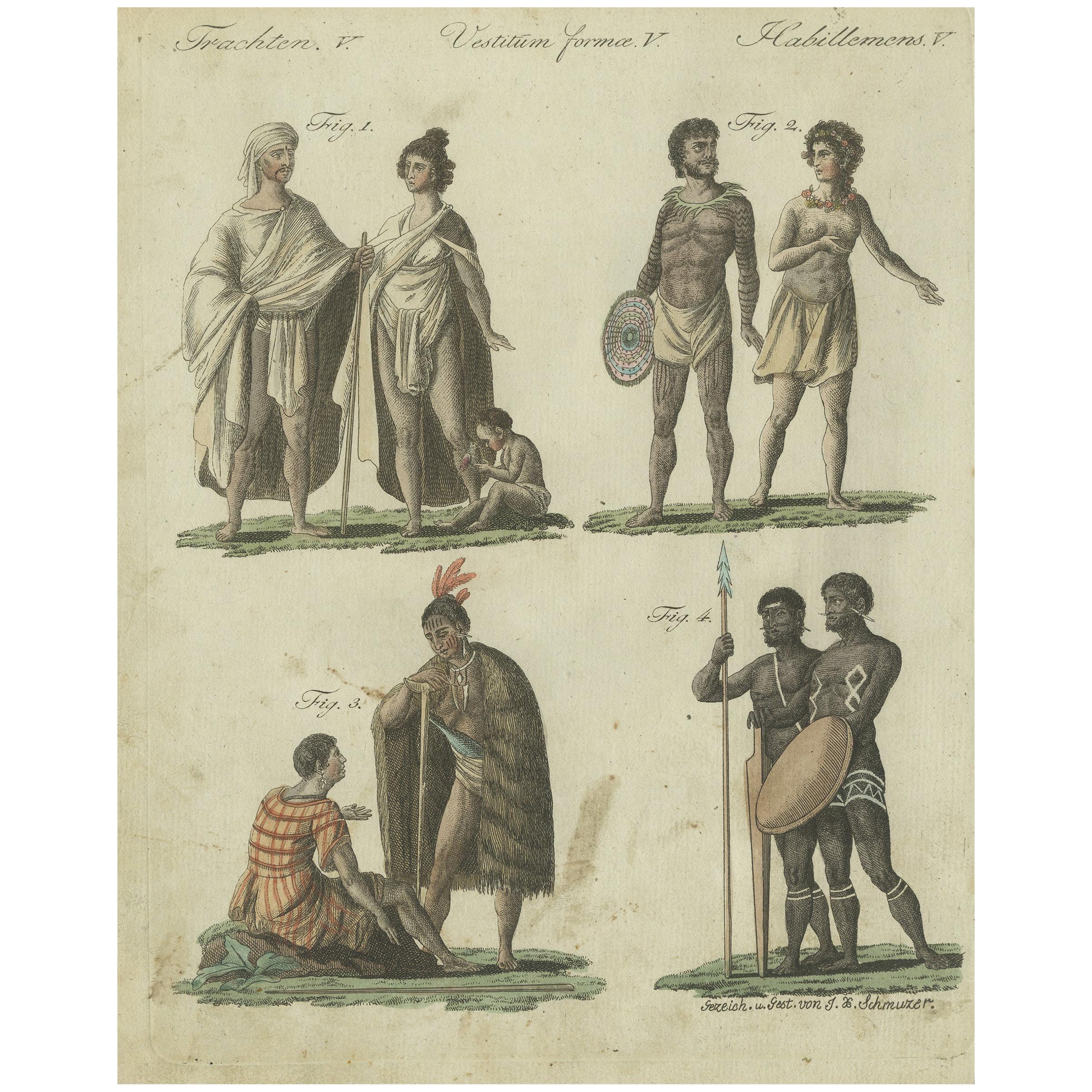 Antique Print of Inhabitants and Costumes of Australia by Bertuch, circa 1800 For Sale