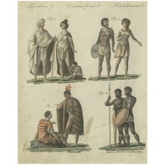 Antiker antiker Druck von Bewohnern und Kostümen Australiens von Bertuch, um 1800