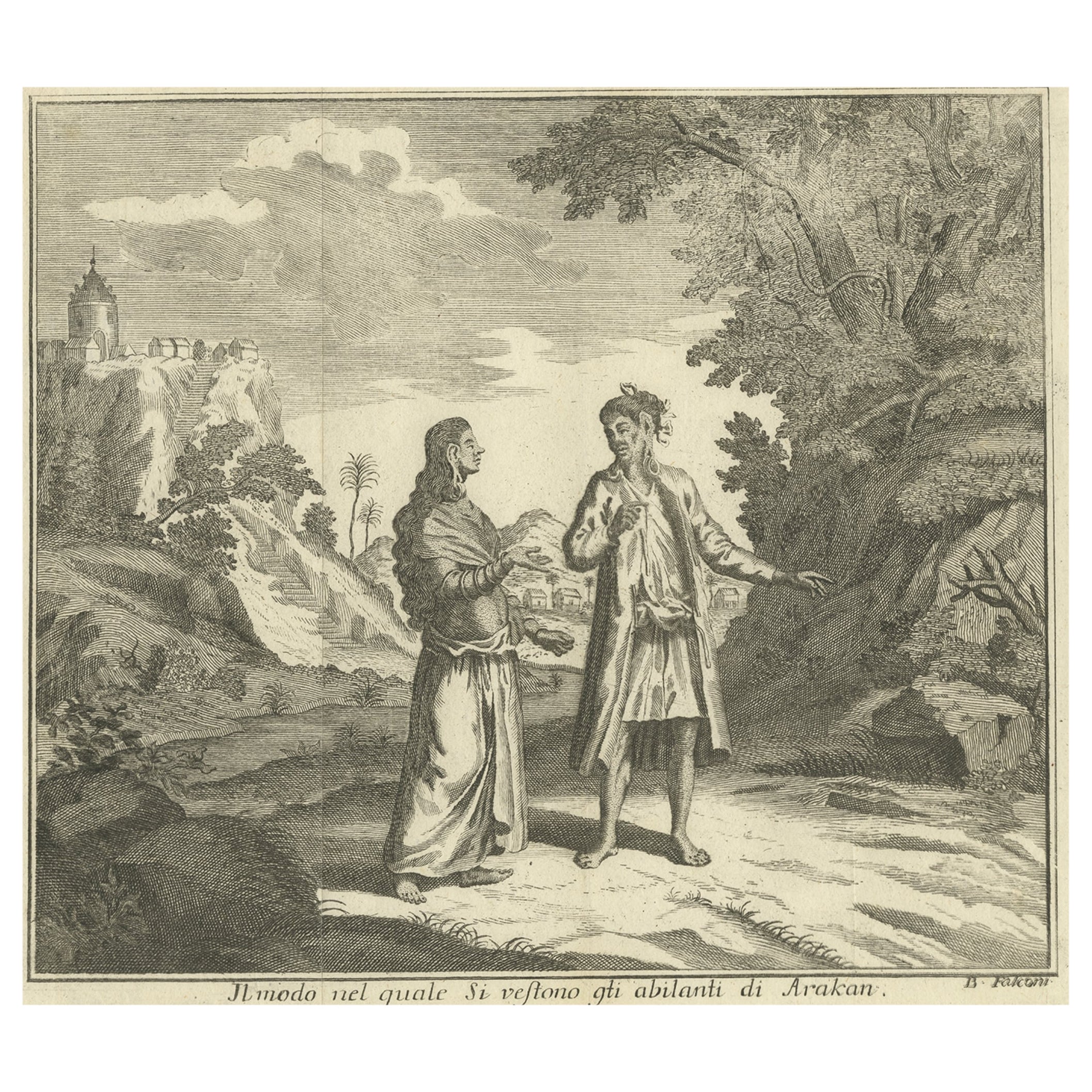Antiker Druck der Bewohner von Arakan in Süd Myanmar, „Burma“, 1738