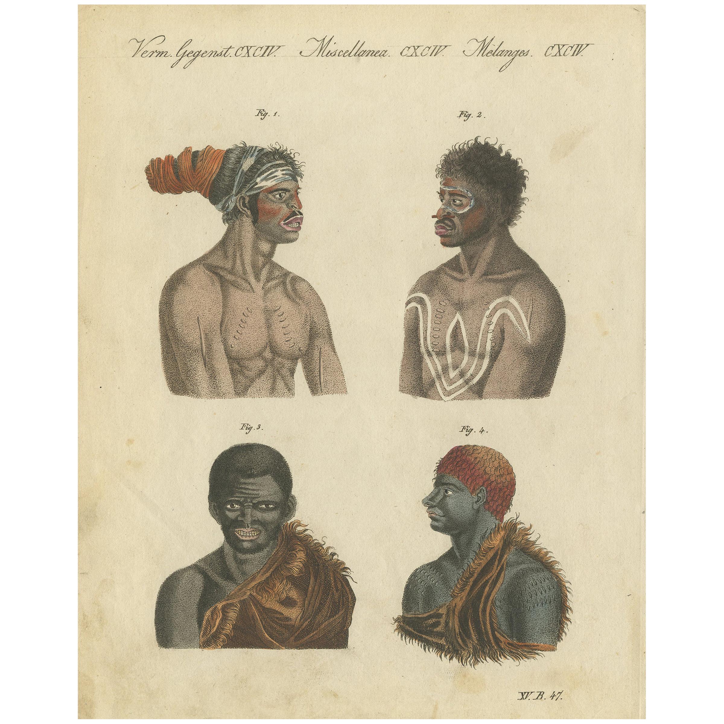 Impression ancienne d'aborigènes, habitants d'Australie, vers 1800 en vente