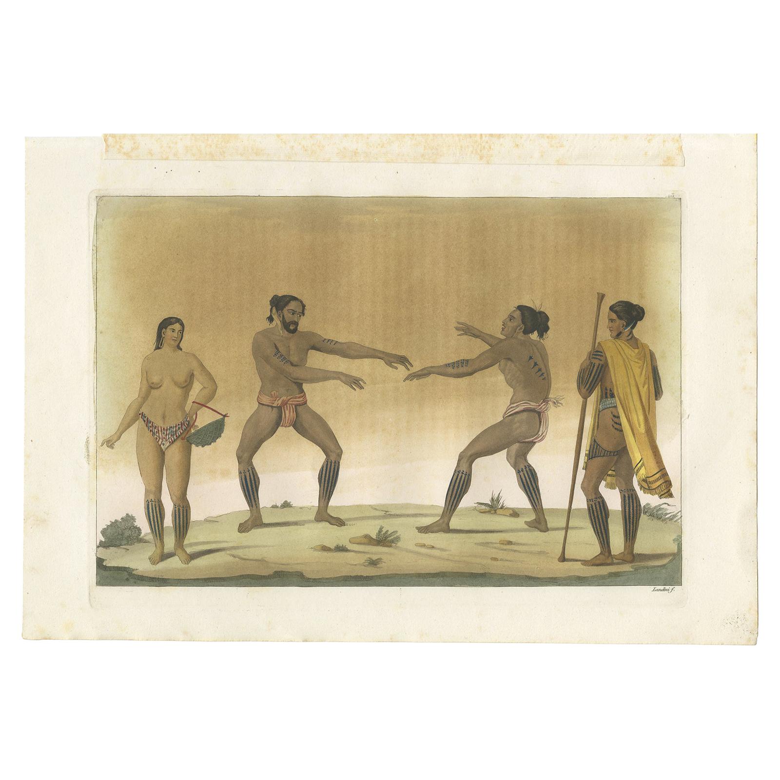 Antique Print of Inhabitants of the Caroline Islands on Guam by Ferrario '1831' For Sale