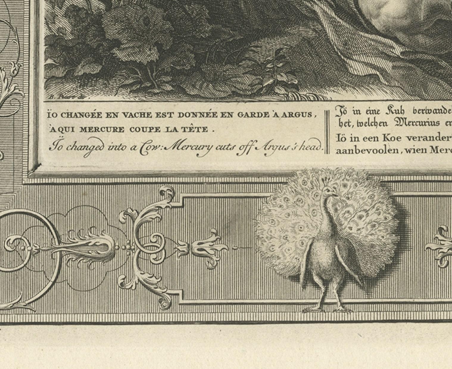 Antique print titled 'Io changée en Vache (..)'. This print depicts Io changing into a Cow: Mercury cutting off Argus's head. In Greek mythology, Io was a priestess of Hera in Argos, a nymph who was seduced by Zeus, who changed her into a heifer to