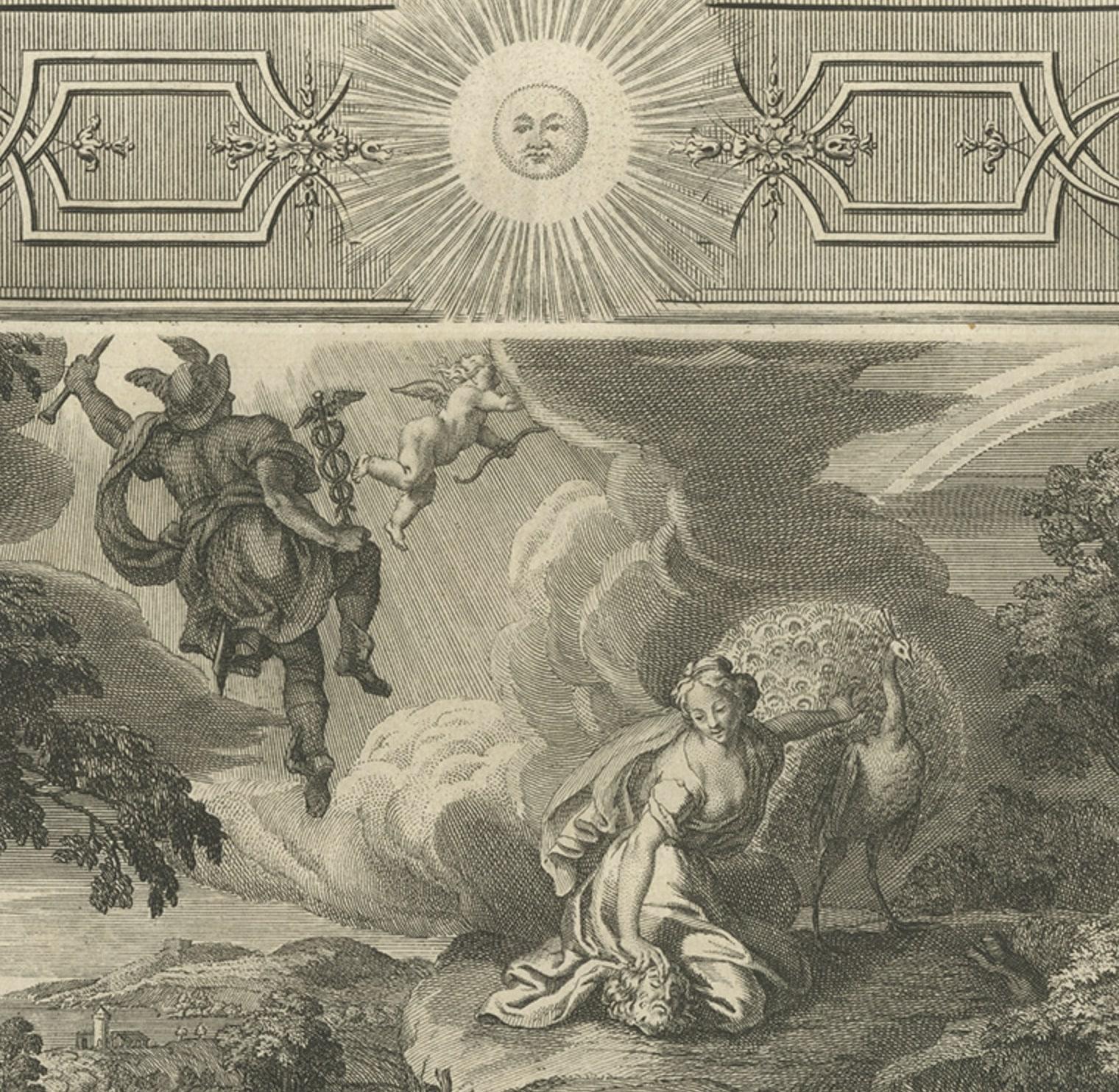 Antique Print of Io Changing into a Cow; Mercury Cuts off Argus's Head, 1733 In Good Condition For Sale In Langweer, NL