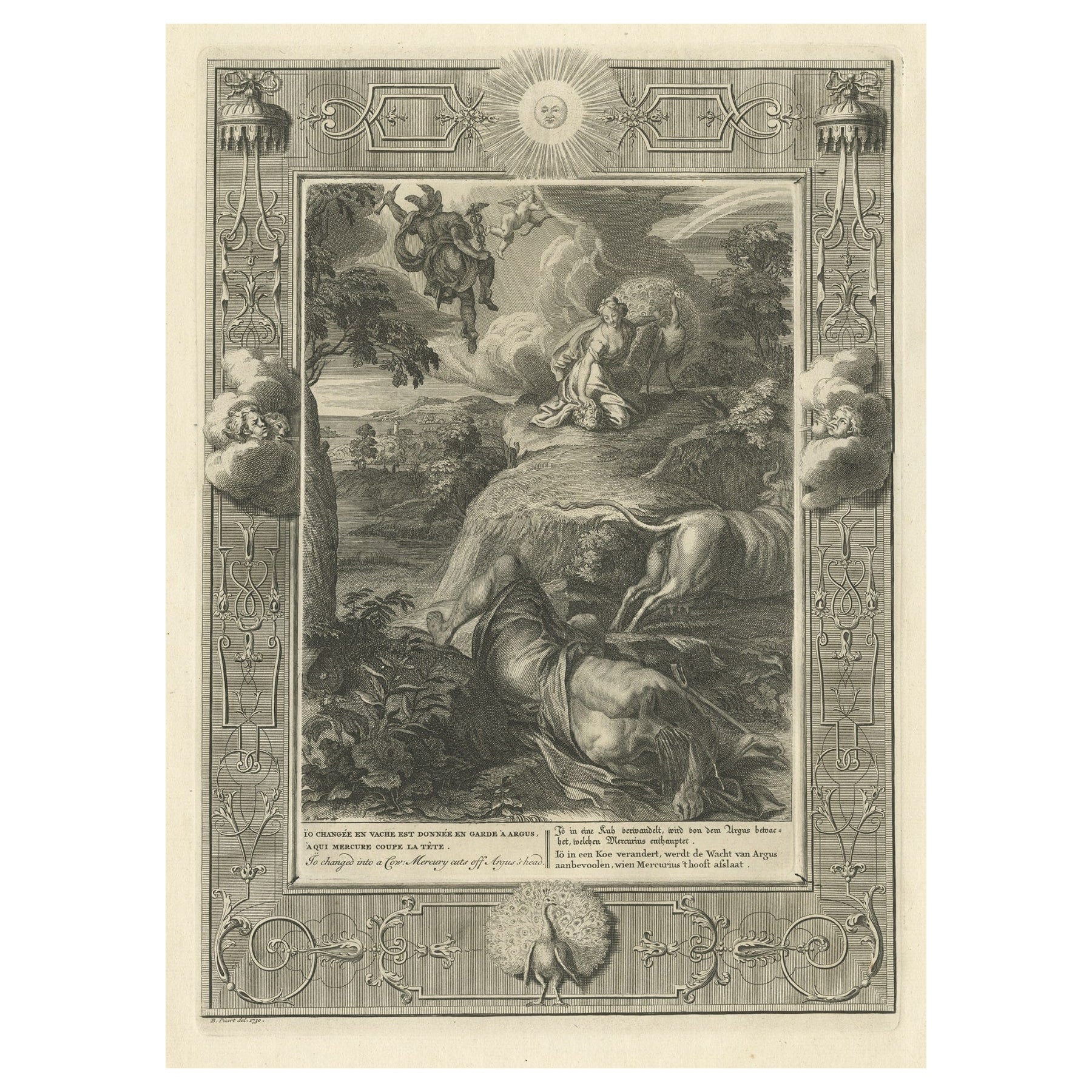 Antiker antiker Druck von Io, der sich in eine Kuh verwandelt; Mercury-Schliff von Argusskopf, 1733