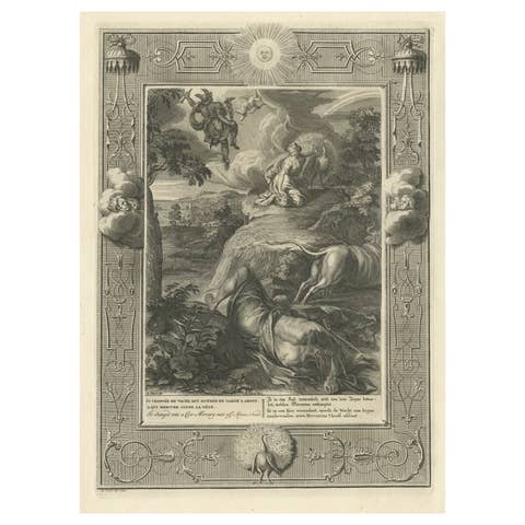 Antique Print of Io Changing into a Cow; Mercury Cuts off Argus's Head, 1733