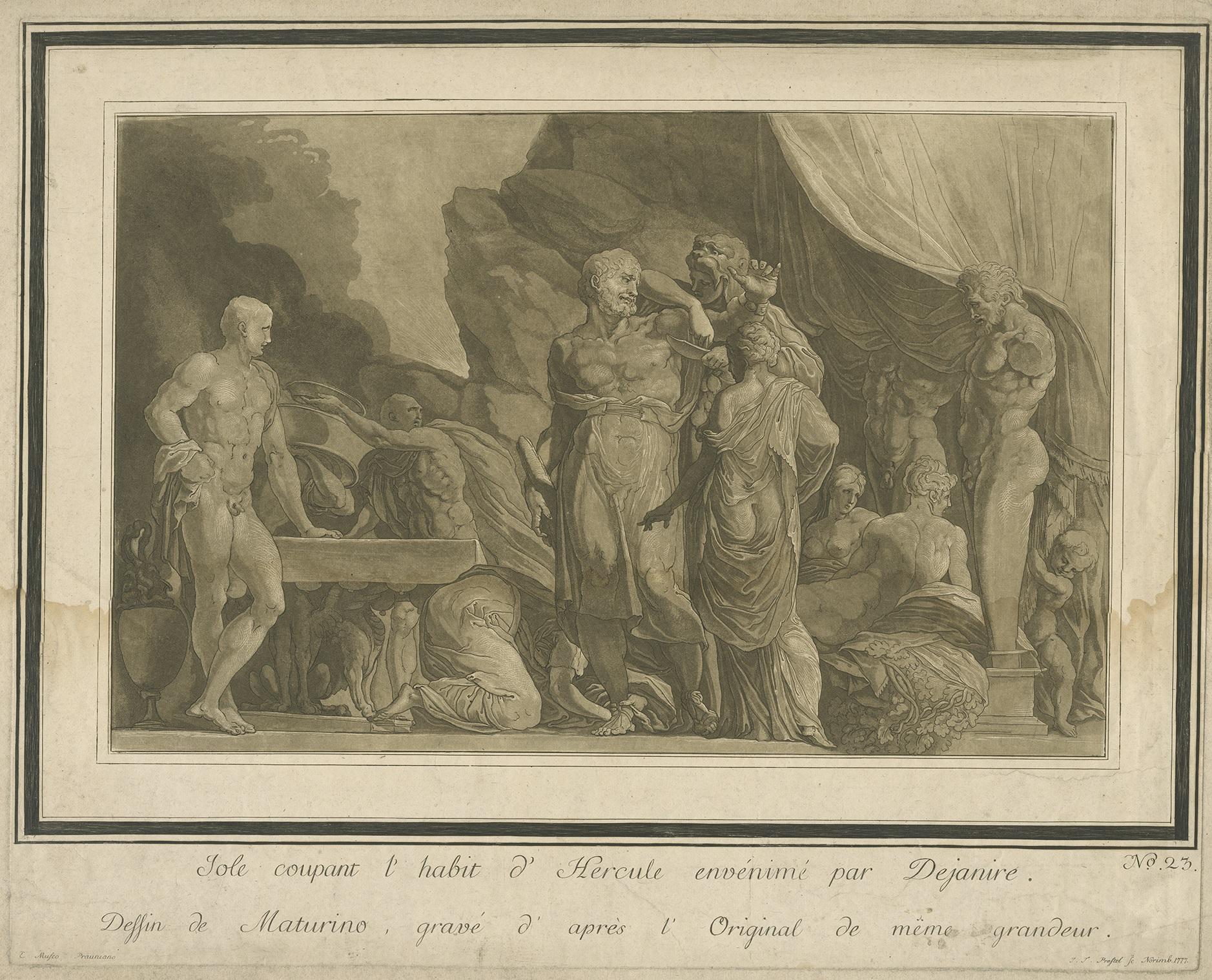 Gravure ancienne intitulée 'Iole Coupant l'habit d'Hercule envénimé par Dejanire'. Planche 23 : Coates coupant le manteau d'Hercule, envié par Deianira ; d'après un dessin de Primaticcio, que l'on croyait autrefois d'après Maturino.