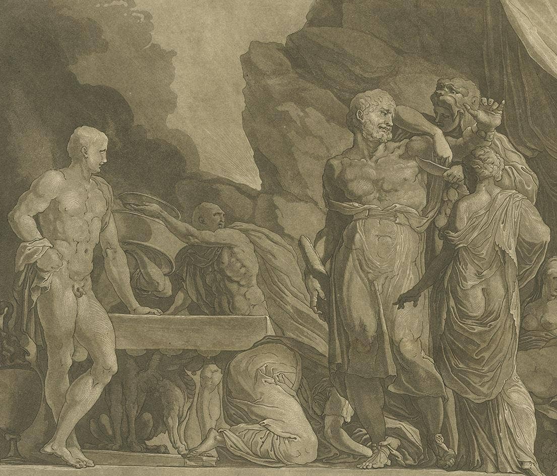 Antique Print of Iole cutting Hercules' Coat by Johann Theophilus Prestel, 1777