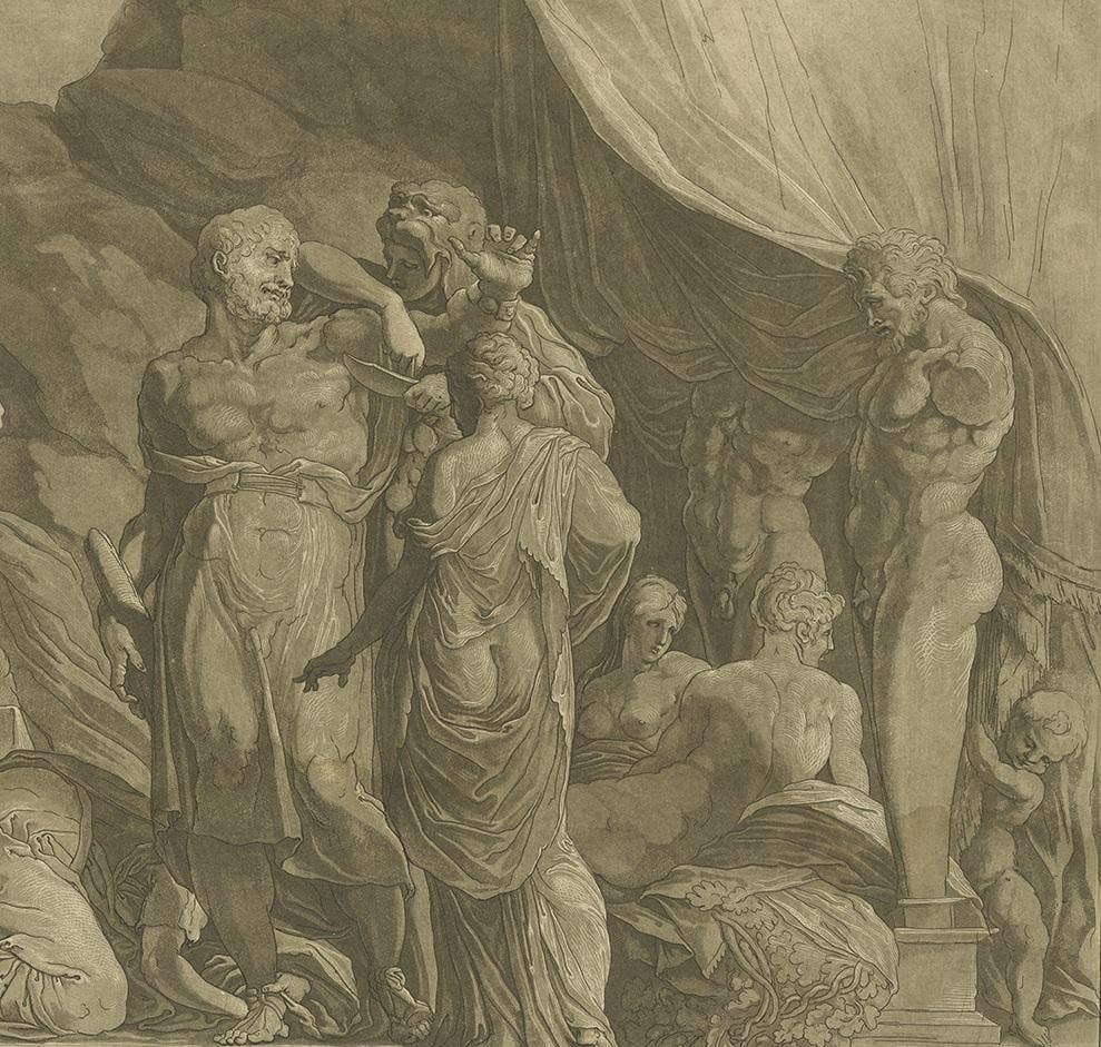 Antique Print of Iole cutting Hercules' Coat by Johann Theophilus Prestel, 1777