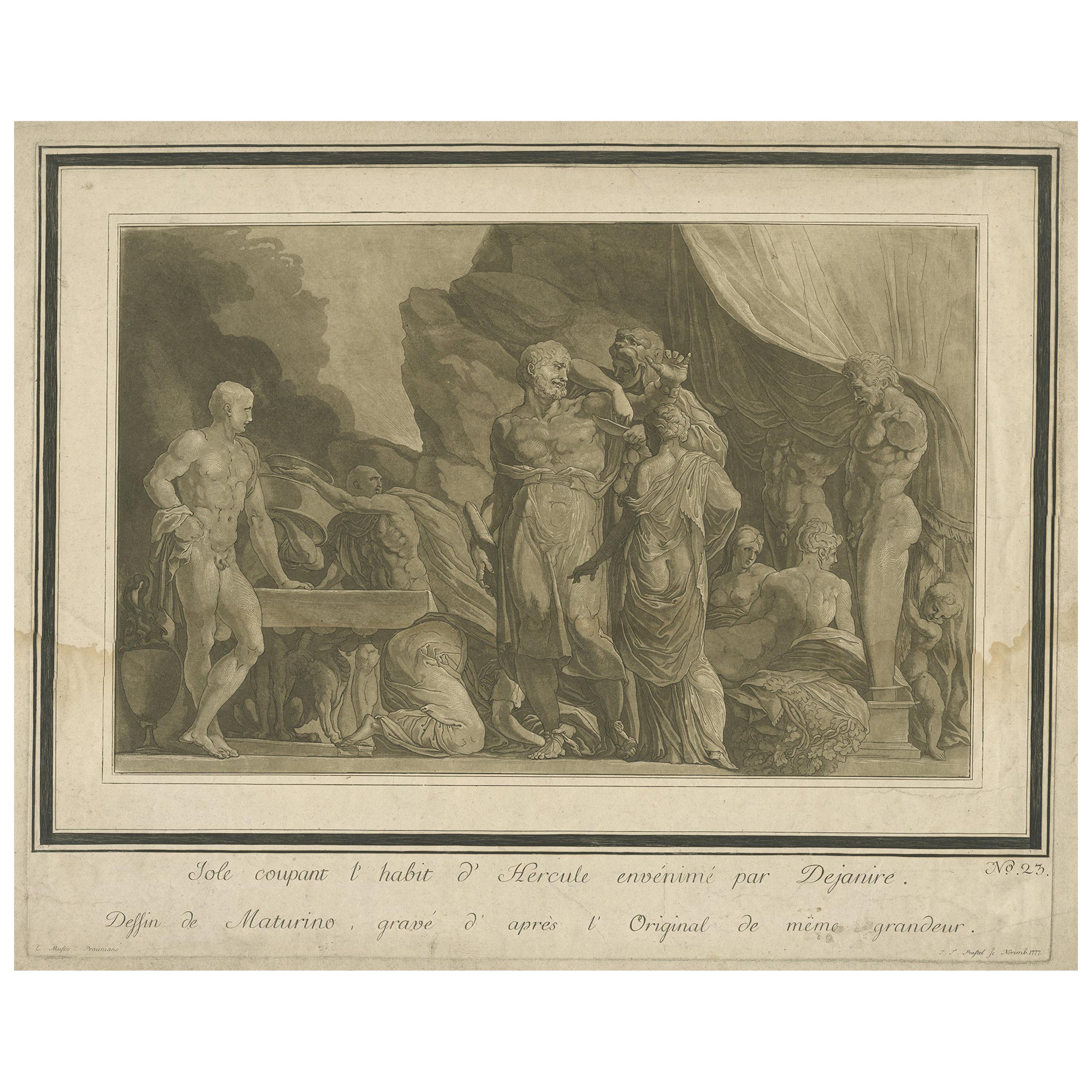 Stampa antica di Iole che taglia il mantello di Ercole di Johann Theophilus Prestel, 1777