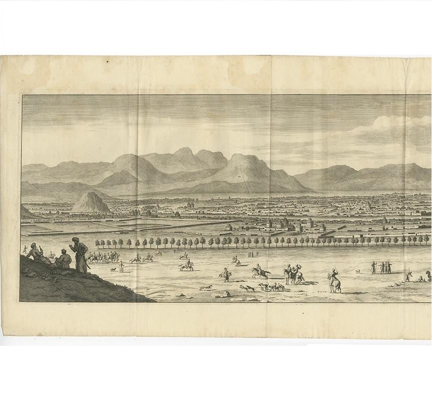 Antique print titled 'Spahan'. Very large panoramic view of Isfahan, historically also rendered in English as Ispahan, Sepahan, Esfahan or Hispahan, a city in Iran. This print originates from 'Voyage par la Moscovie, en Perse, et aux Indes