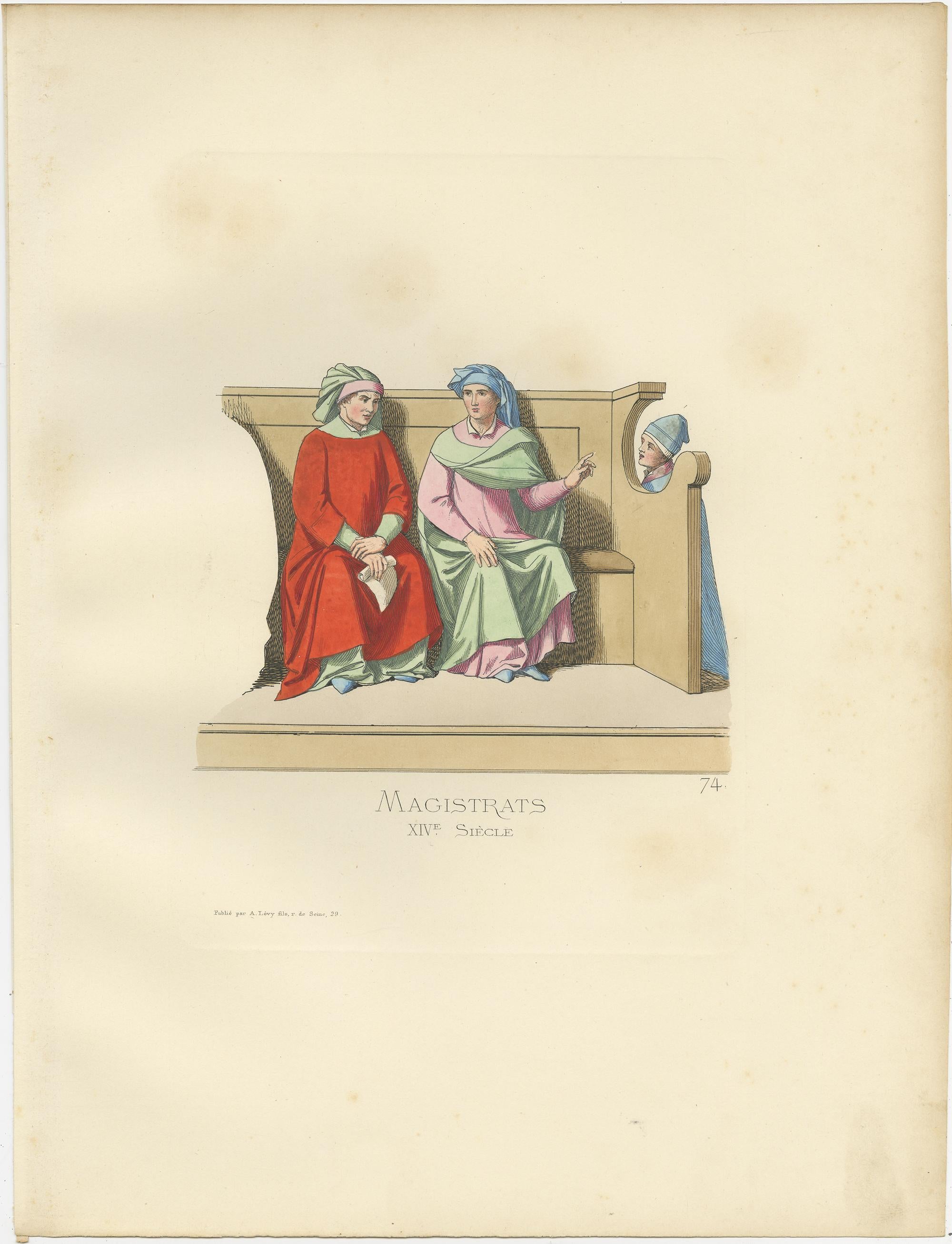 Antique print titled ‘Magistrats, XIVe Siecle.’ Original antique print of Magistrates, Italy, 14th century. This print originates from 'Costumes historiques de femmes du XIII, XIV et XV siècle' by C. Bonnard. Published, 1860.