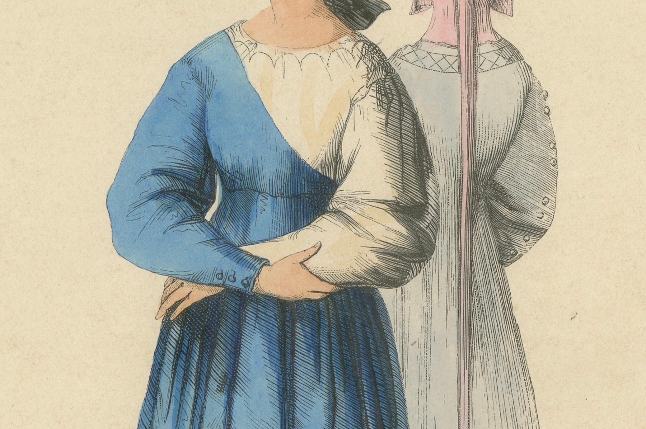 Estampa antigua de Doncellas italianas con atuendo tradicional, 1847 en Bueno estado para la venta en Langweer, NL