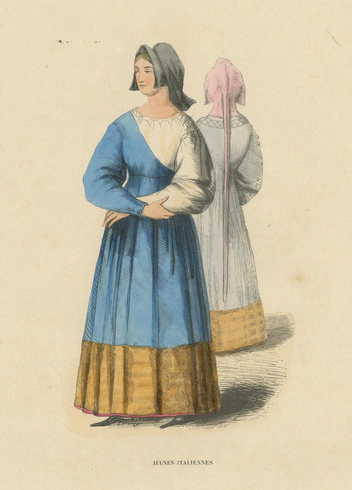 Paper Antique Print of Italian Maidens in Traditional Attire, 1847 For Sale