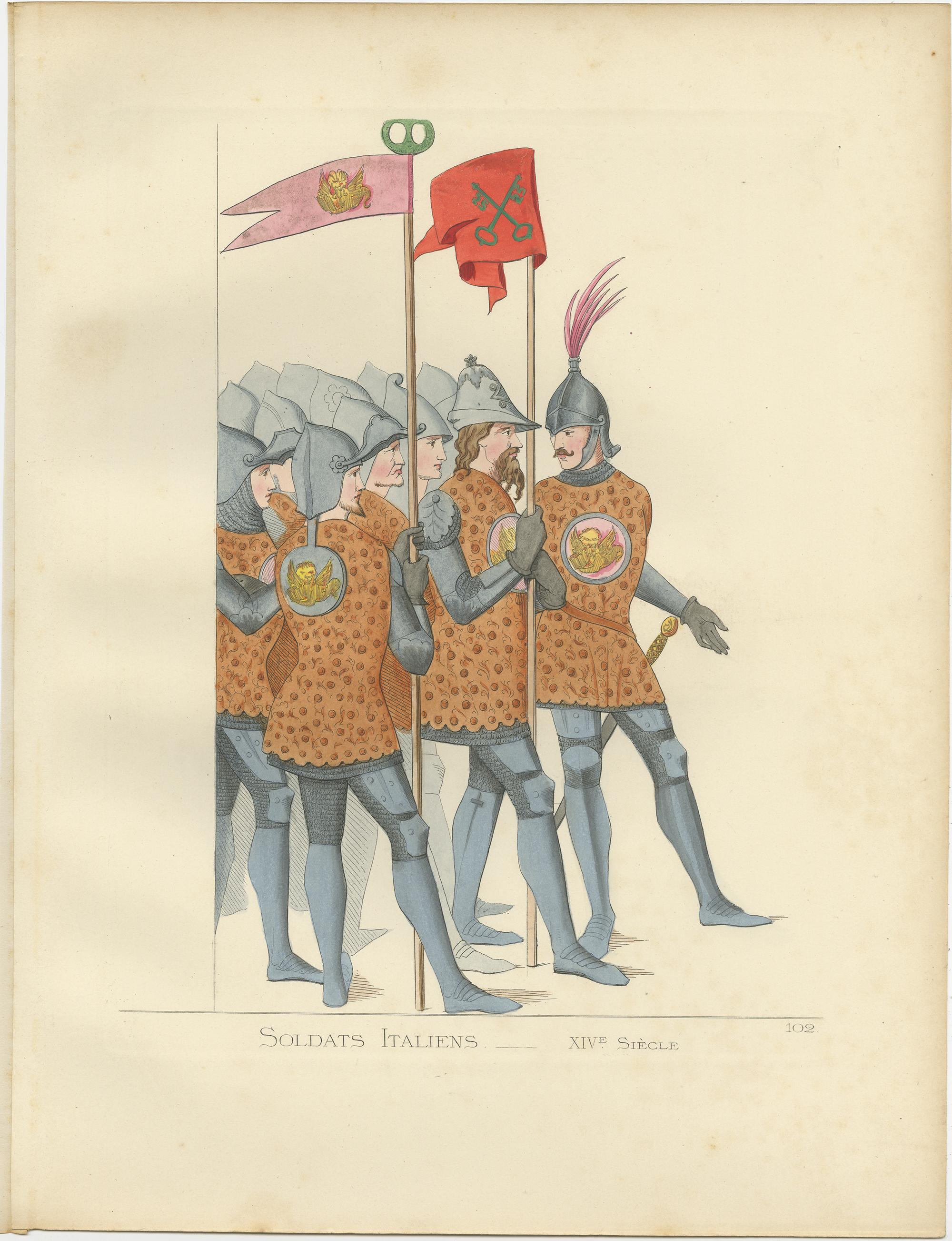 Antique print titled ‘Soldats Italiens, XIVe Siecle.’ Original antique print of Italian soldiers, 14th century. This print originates from 'Costumes historiques de femmes du XIII, XIV et XV siècle' by C. Bonnard. Published, 1860.