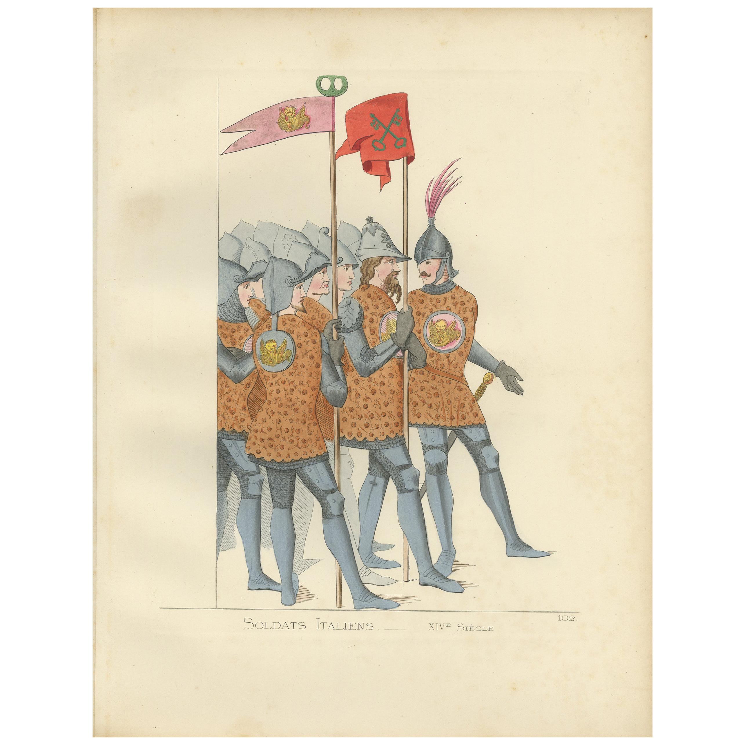 Impression ancienne de soldats italiens, 14e siècle, par Bonnard, 1860