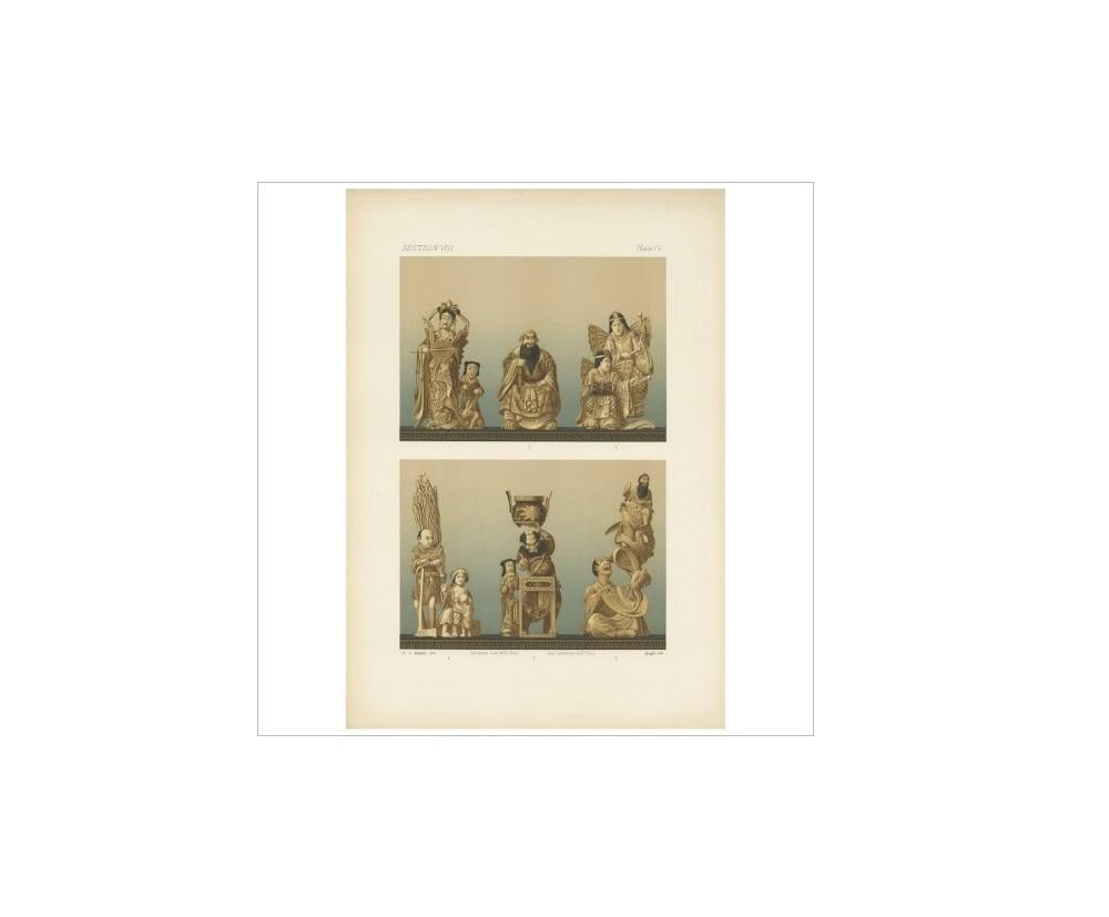 Untitled print, Section VIII, plate IV. This chromolithograph depicts a series of six ivory carvings. 1. a group of a lady and a child, 2. a figure of Kuanwa, 3. a group representing the 'dance of the butterflies', 4. a woodman with his wife and